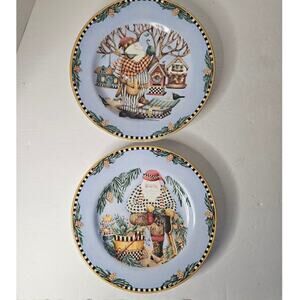 VTG Woodland Santa Plates by Debbie Mumm - Pinecone & Birdhouse Christmas 1998
